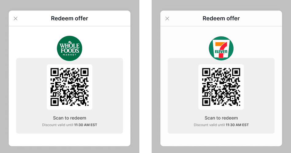 In-car redeem-offer QR code screens for Whole Foods and 7-Eleven