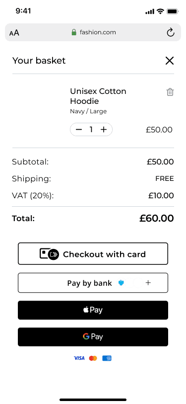 Unified Checkout basket screen showing Checkout with card, Pay by bank, Apple Pay, and Google Pay as payment options